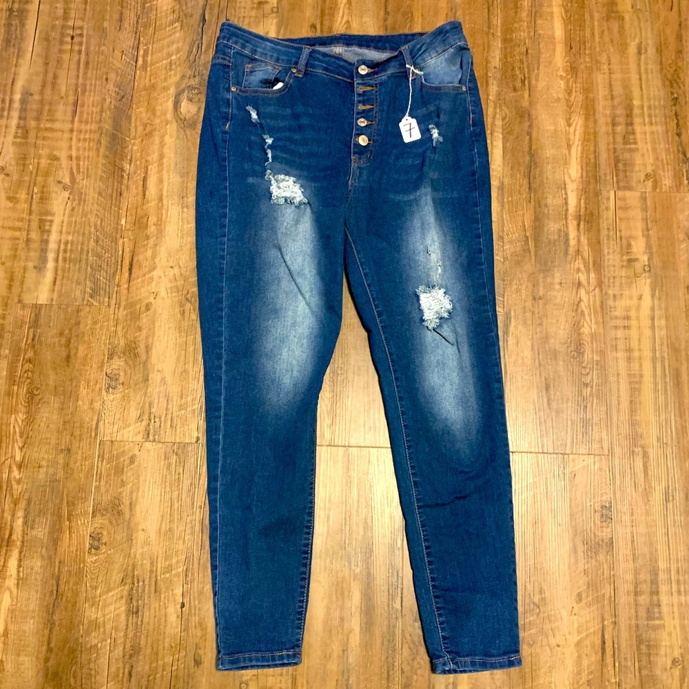 SHEIN Buttonfly Distressed Skinny Jeans, Size 1XL (#7)